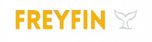 Freyfin-Logo: Schriftzug "Freyfin" in gelb, daneben die stilisierte Fluke eine Wals.