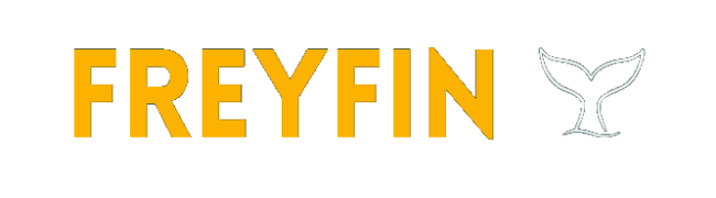 Freyfin-Logo: Schriftzug "Freyfin" in gelb, daneben die stilisierte Fluke eine Wals.