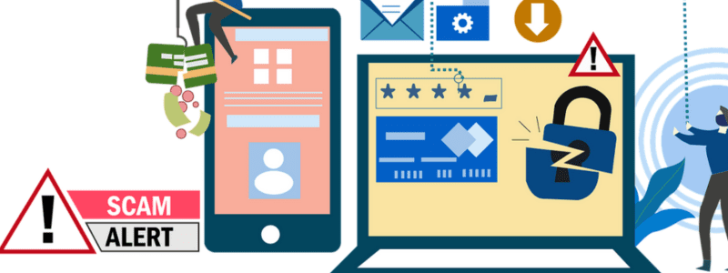 Illustration mit Laptop, offenem Schloss, Warndreieck und Person, die Geld per Handy angelt. Symbolbild für unseren Artikel: Finanzbetrug erkennen – So durchschaust du Fake-Profile und Investmentfallen.